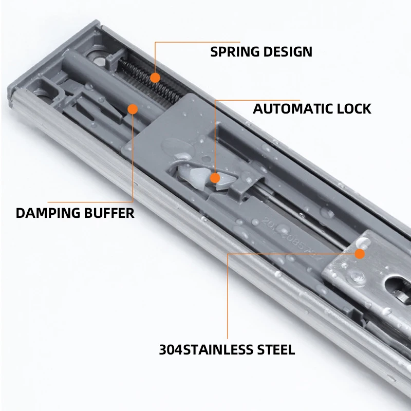 10-22"Stainless Steel Drawer Slides, Soft Close Track, Cushioned Silent Closing, Three Section Sliding Rails, Furniture Hardware