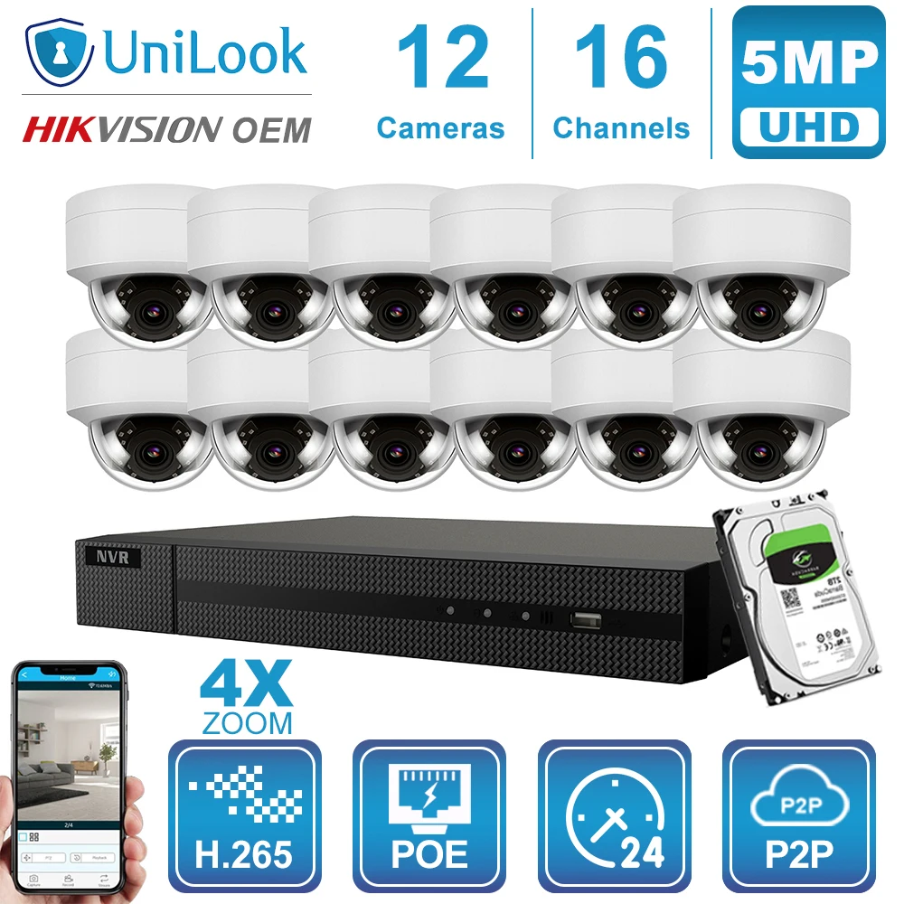 Hikvision OEM 16CH 4 к NVR 5MP купол аудио/4X оптический POE IP Камера 8/10/12/16 шт. открытый системы безопасности CCTV NVR Kit с HDD