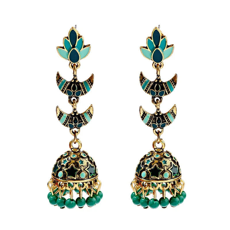 Style 2 Ретро Лотос Jhumka индийские серьги для женщин Этническая Цыганская золото колокол многоцветный бисер кисточкой серьги ювелирные изделия Bijoux - Окраска металла: Style 2