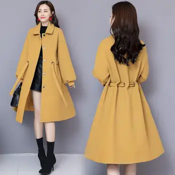 

Solid Lace Up Mid-Long Woolen Coats Women Casual Lantern Sleeve Loose Wool Blends Coats Winter Fashion Warm Outwears