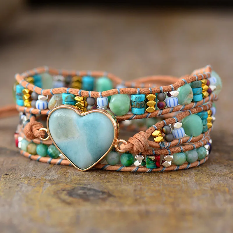 New Spiritual Heart Shape Amazonite Leather Wrap Bracelets W/ Mixe Stone Beads Bracelet Boho Classic Jewelry Bijoux Dropship - Image 4