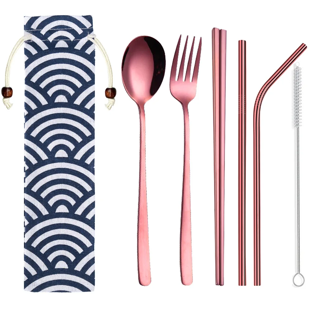 Gold Fork Spoon Chopsticks Stainless Steel Portable Travel Cutlery Set of 1