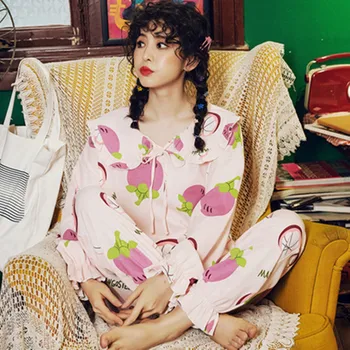 

Long sleeve pajamas women's spring and autumn pure cotton Korean version lovely home clothes women's thin sweet princess Wind