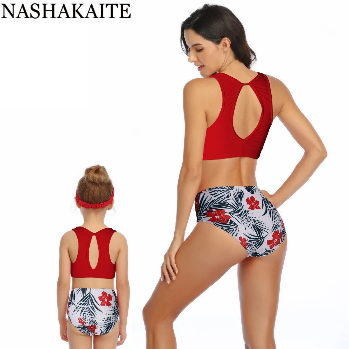 NASHAKAITE/бикини для мамы и дочки, с высокой талией, с принтом в виде листьев, скручивающийся костюм на бретелях, семейный купальный костюм, купальники для мамы и дочки