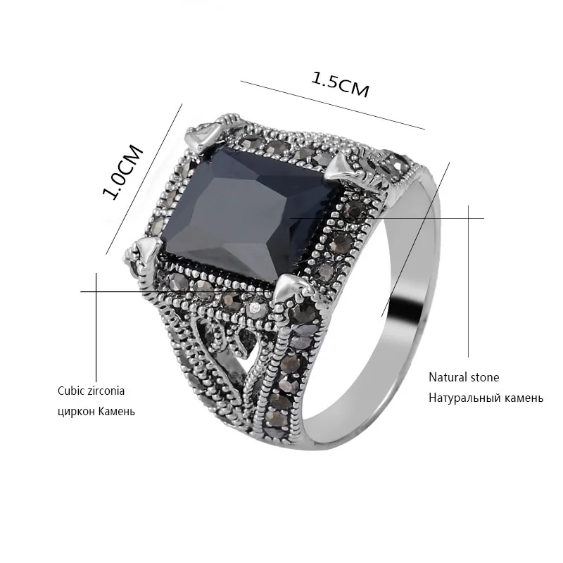 KCALOE Square Black AAA Zircon Ring Antique Silver Color Crystal Rhinestone Vintage Rings For Women Birthday Stone Gifts