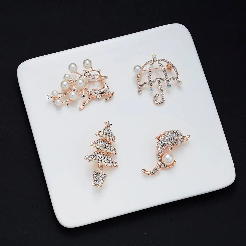 

Rinhoo 1PC Crystal Pearl Christmas Tree Umbrella dolphin Shape Brooch For Wedding Fashion Jewelry Gift For Women