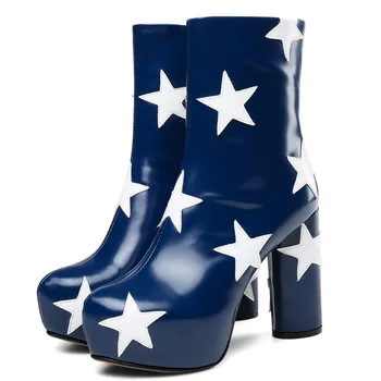 

Genuine Leather Super High Heelys Waterproof Platform Star Pattern Ankel Boots Women Shoes Fall Thick Heel Zip Short Booties