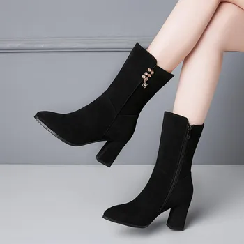 

2020 Women Ankle Boots Autumn winter Round Toe Platform Boots Fashion Black Suede High Heel Shoes Botas Mujer size 34-43