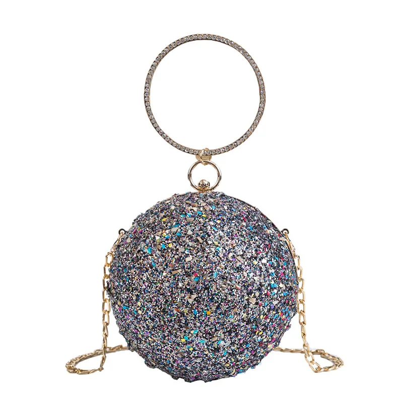 2022 Women Evening Day Clutch Colorful Crystal Diamonds Round Ball Shaped Clutches Lady Handbag Wedding Purse Chain Shoulder Bag