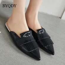 BYQDY Plus Size 48 Woman Shoes Mules Pointed Toe Flat Shoes Shallow Mouth Soft Leather Patch Work Shoe Ladies Footwear Spring