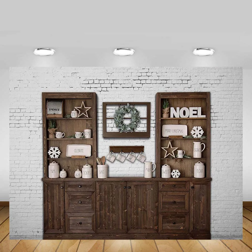 

Mehofond Christmas Kitchen Backdrop Wood Cupboard Gray Brick Wall Family Party Portrait Photography Background Decor Photo Studi