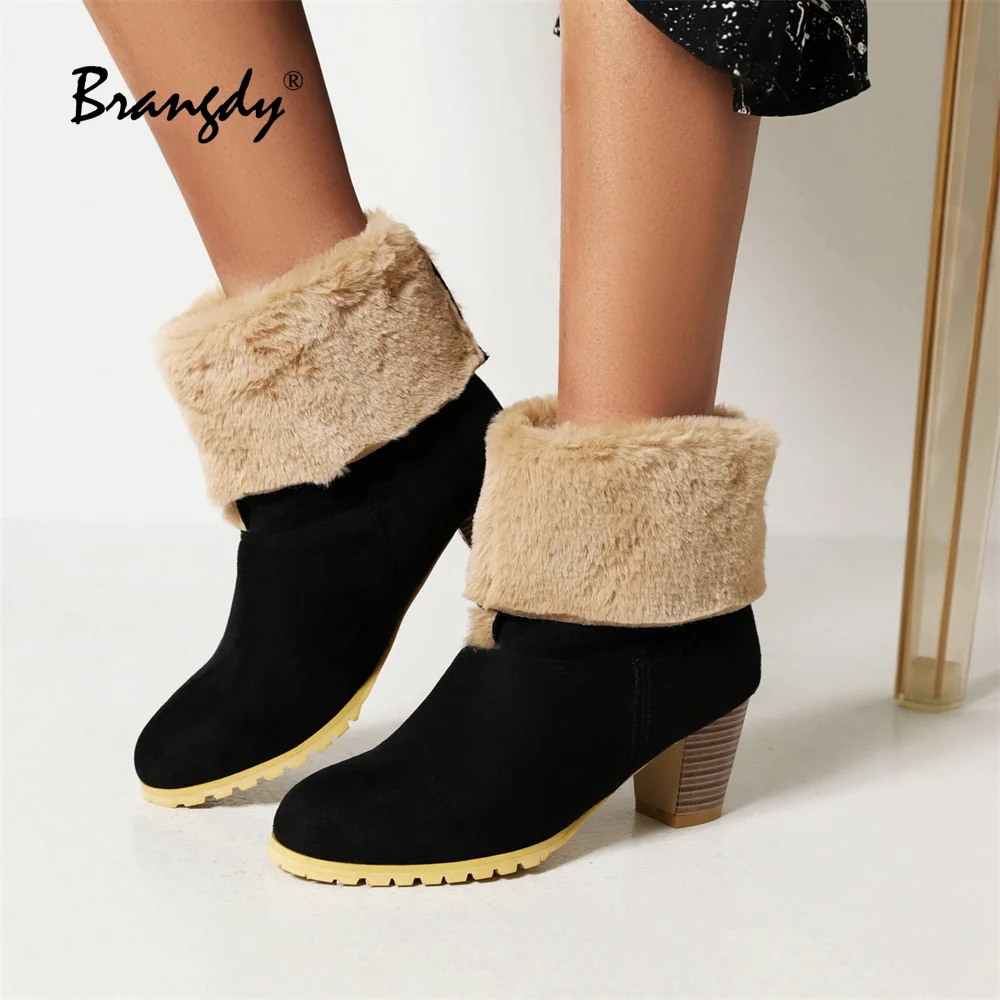 Brangdy Classical Women Ankle Boots Suede Women Shoes Lamb Wool Pointed Toe Women Winter Boots Fur Square Heels Fold Two Ways