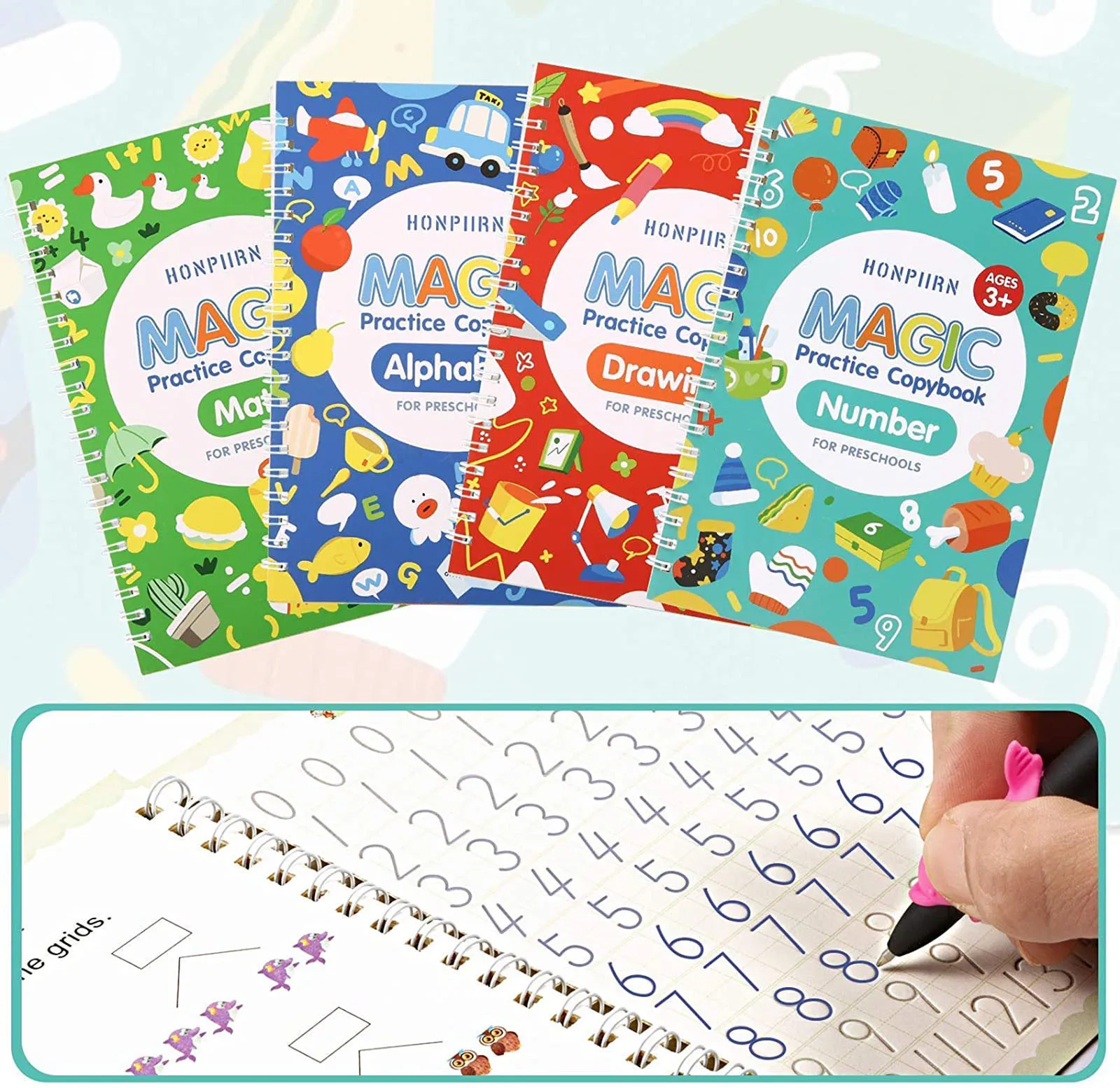Juego de 4 libros mágicos en 3D para caligrafía, libro de escritura a mano, práctica, juguetes Montessori, novedad de 2021