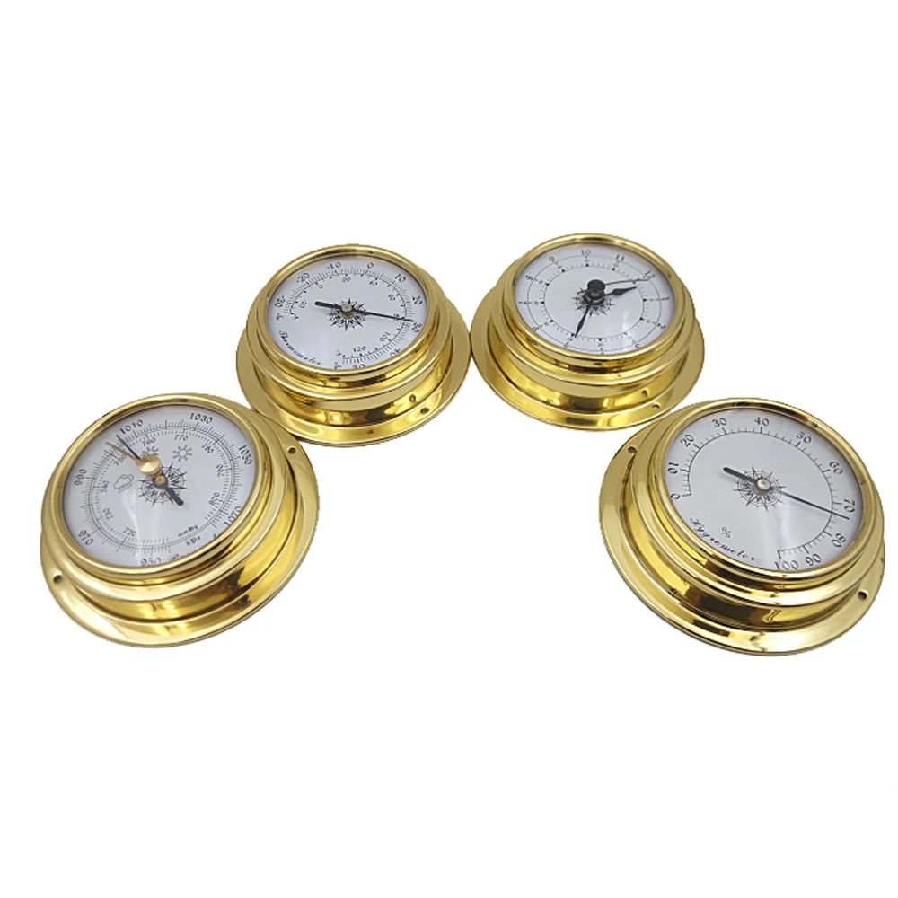 

10cm Brass Case Aneroid Barometer Hygrometer Thermometer Clock 4 pieces a set