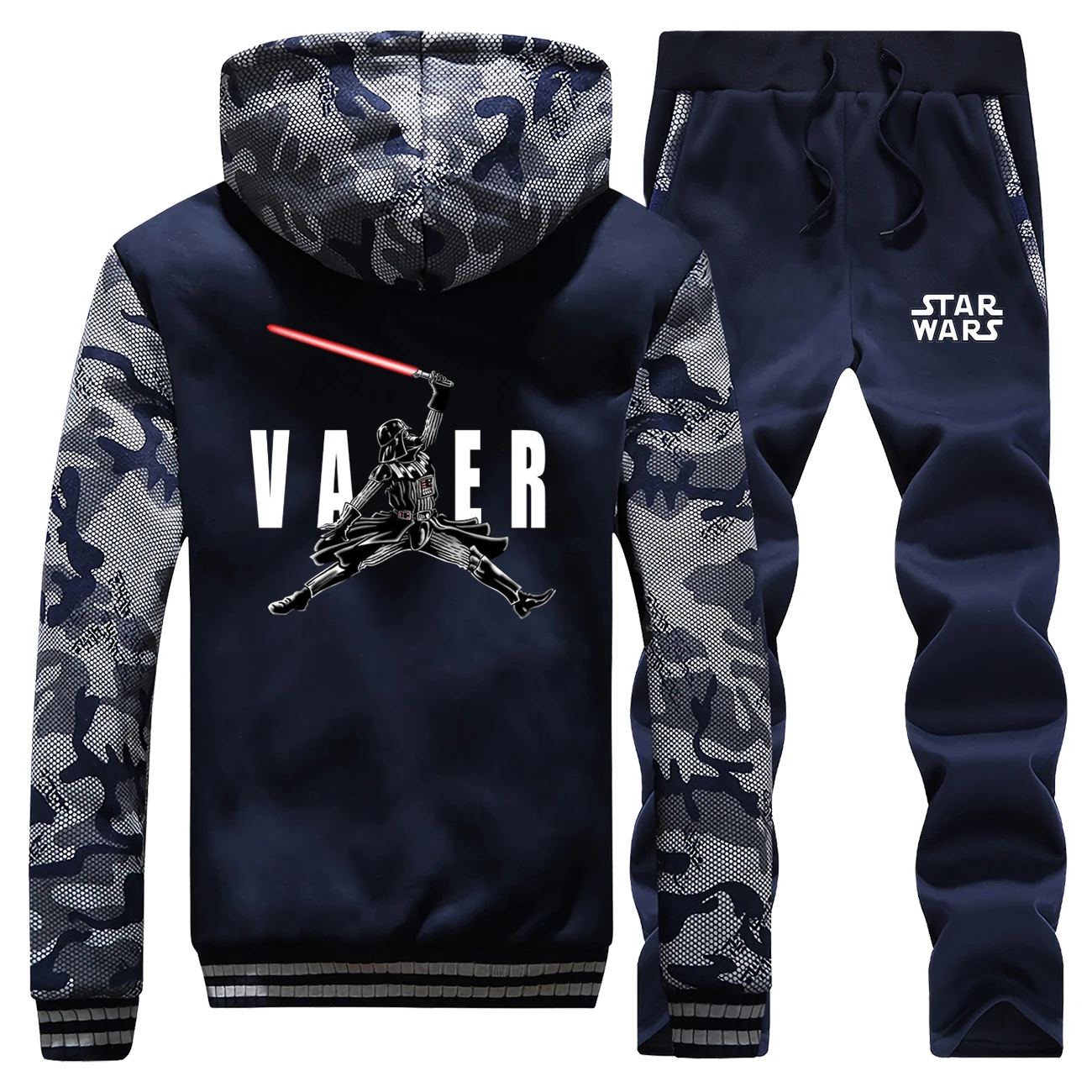 Winter Men Coat Thick Hoody Darth Vader Star Wars Cartoon Hoodies Suit Sportswear Camouflage Warm Jacket+2 Piece Set Pants