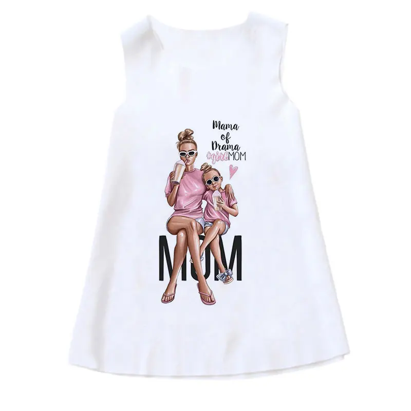 New Casual Summer Sleeveless 4T-9T Girls Dresses Kids Fashion Lady Super Mom Dress Print Children Clothes Girl Active Sundress 2