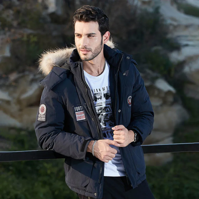 2021 Winter Men's Fashion Casual Down Jacket Mid-length Thick White Duck Down Warm Hooded Large Fur Collar Jacket