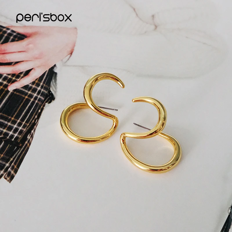 Peri'sBox Лидер продаж двойные круглые витые золотые серьги-гвоздики полированные необычные серьги-гвоздики минималистичные геометрические серьги