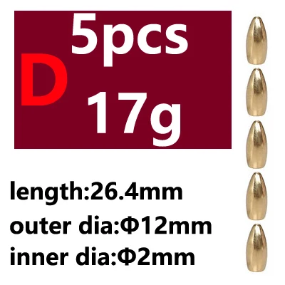 5pcs Saltwater Fishing Bullet Shape Copper Weights Metal Jig Head Deep Water Sinkers For Hook Lure Texas Rig Tackle Accessories - Цвет: 5pcs D type 17g