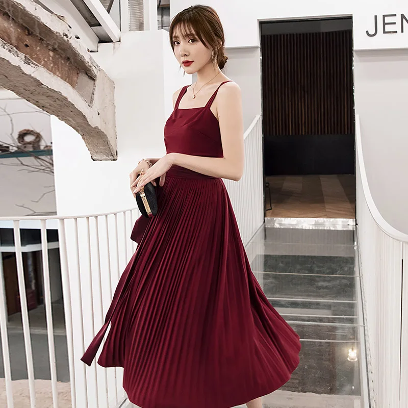 

YIGELILA New Arrivals Deep Wine Dress Spaghetti Strap Elegant Women Dress Square Collar Sleeveless Mid-calf Dress 65354
