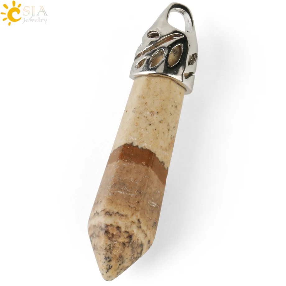 Picture Jasper CSJA, натуральный камень, шестиугольная призма, подвеска, маленький размер, кристалл, кварц, Агаты, исцеление, заостренные подвески для ожерелья, для женщин и мужчин, G289 - Окраска металла: Picture Jasper