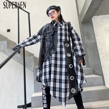 

SuperAen Plaid Trench Coat for Women Pluz Size Wild Casual Denim Windbreakers Female Long-sleeved Spring and Autumn New 2020