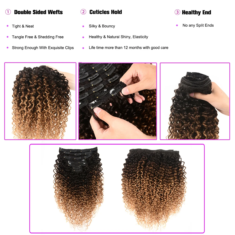 ShowCoco Human Hair Clip In Extensions T1b/4/27 Color Curly Clip Ins 100% Remy Hair 10-24 Inches In Extensions