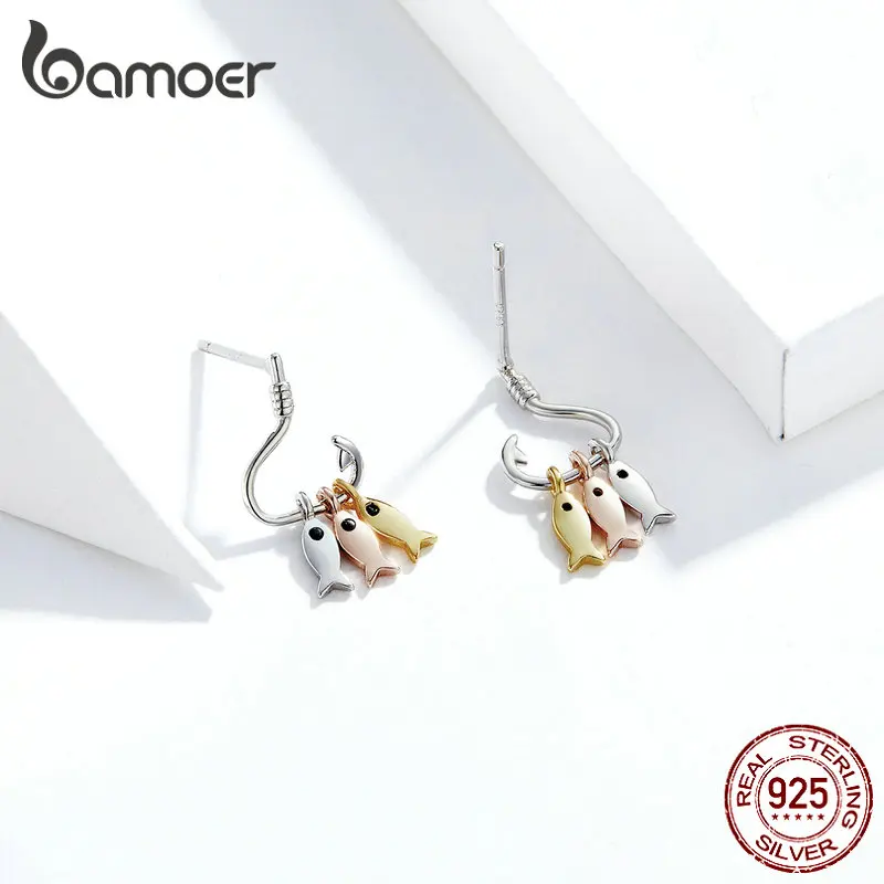 Bamoer 925 пробы, серебряные, 3 цвета, висячие серьги в виде рыбьего крючка для женщин, уникальный дизайн, рыболовные подвески, модное ювелирное изделие SCE789