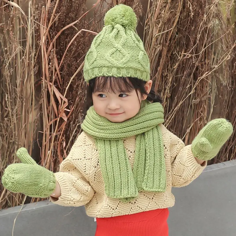 

Children Knit Scarf Hat Gloves Solid Color Winter Warm Mittens Cap Scarves Set
