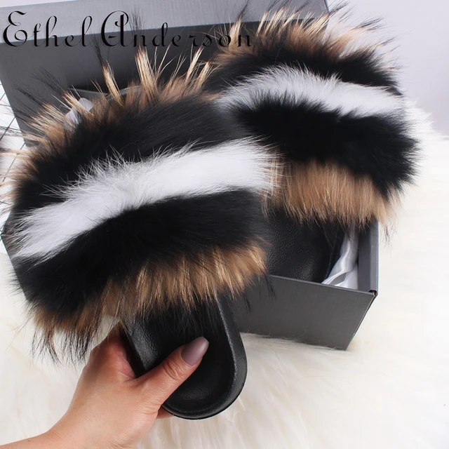 2021 Hot Sale Women Real Fox Fur Slippers Multi-color Summer Fashion Slides Casual Female Furry Shoes As picture