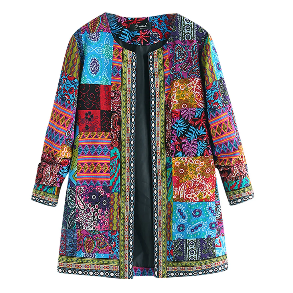 Womail Женское пальто в этническом стиле, винтажная куртка с цветочным принтом, хлопковая льняная куртка размера плюс, куртка с длинным рукавом, цветная Женская куртка - Цвет: Blue