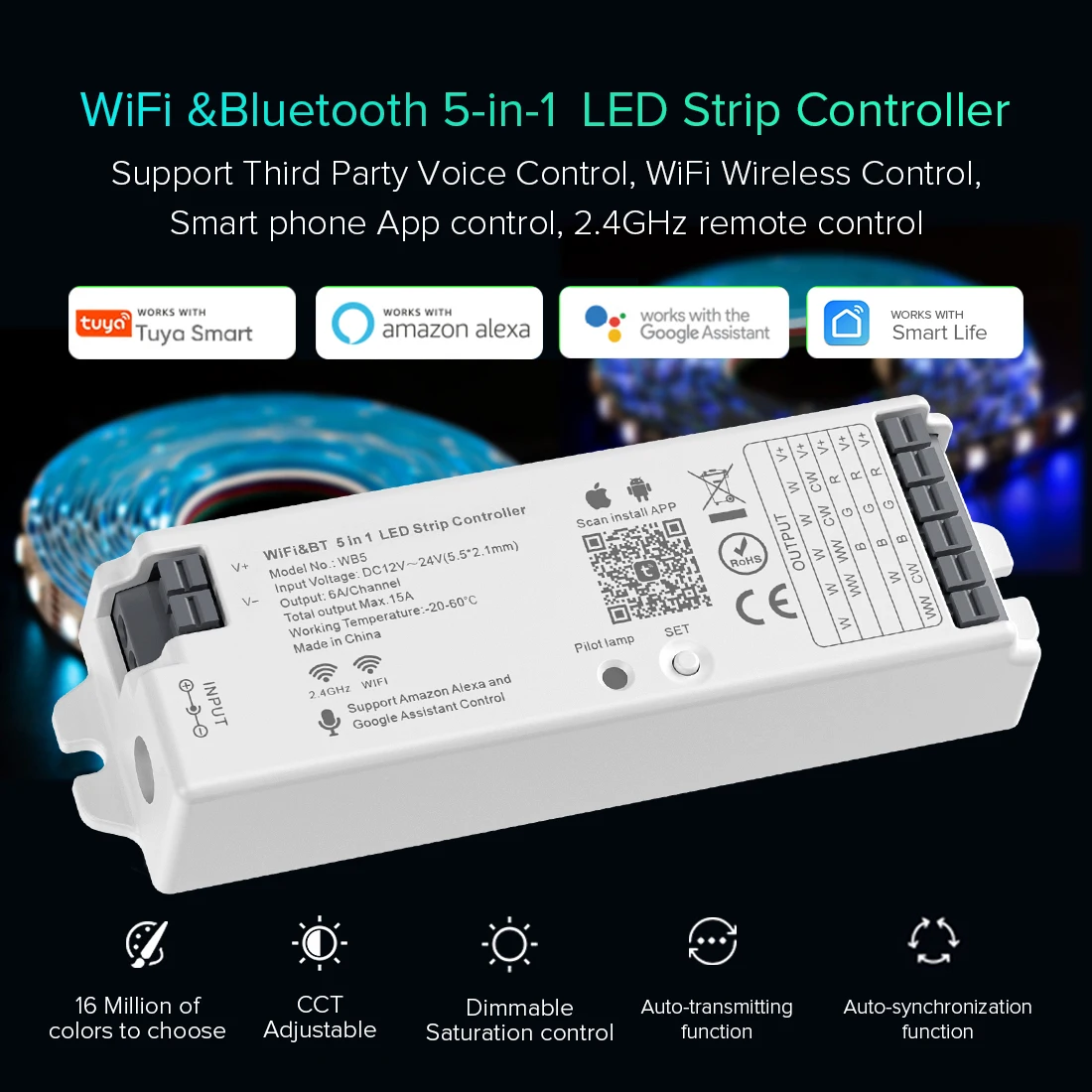 Smart WiFi Voice-Controlled 5-in-1 LED Light Strip Dimmer with Alexa and Google Assistant Integration