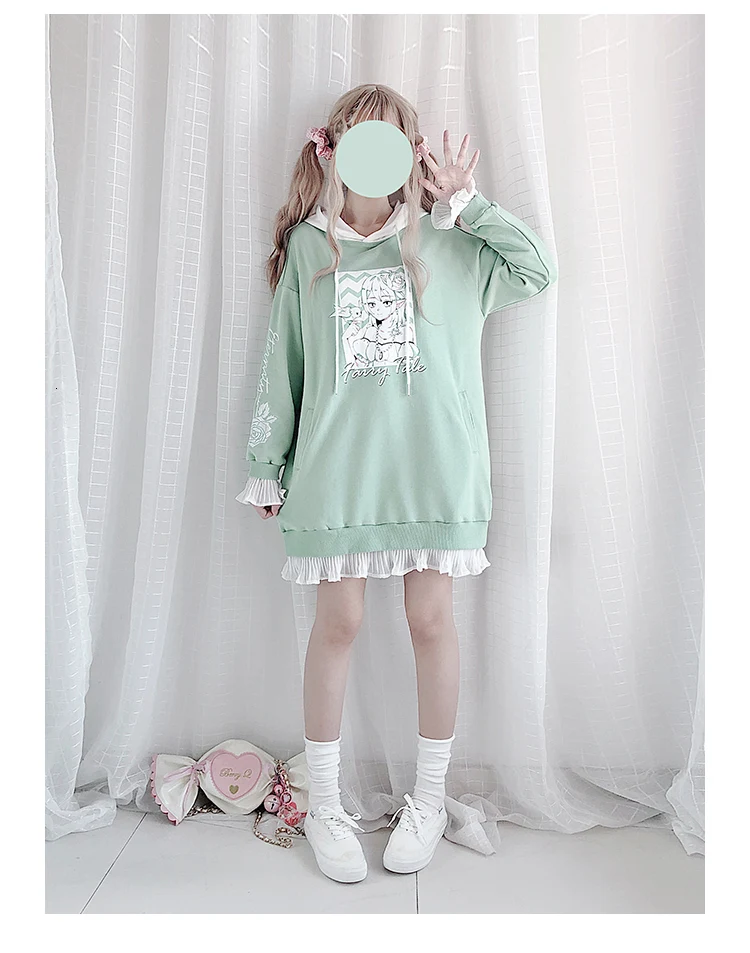 Mori Girl Kawaii сладкий Лолита роза Вышивка рюшами рукав длинные толстовки женские свежие Лоскутные шифон зеленый Толстовка с капюшоном