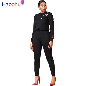 

Butterfly Printed Sexy Two Piece Matching Sets Women Round Neck Long Sleeve Slim T-Shirt and High Waist Pants Black Autumn Set