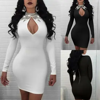

Women's Bodycon Long Sleeve Hollow Out Slim Fashion Patchwork Evening Party Club Short Mini Pencil Dress