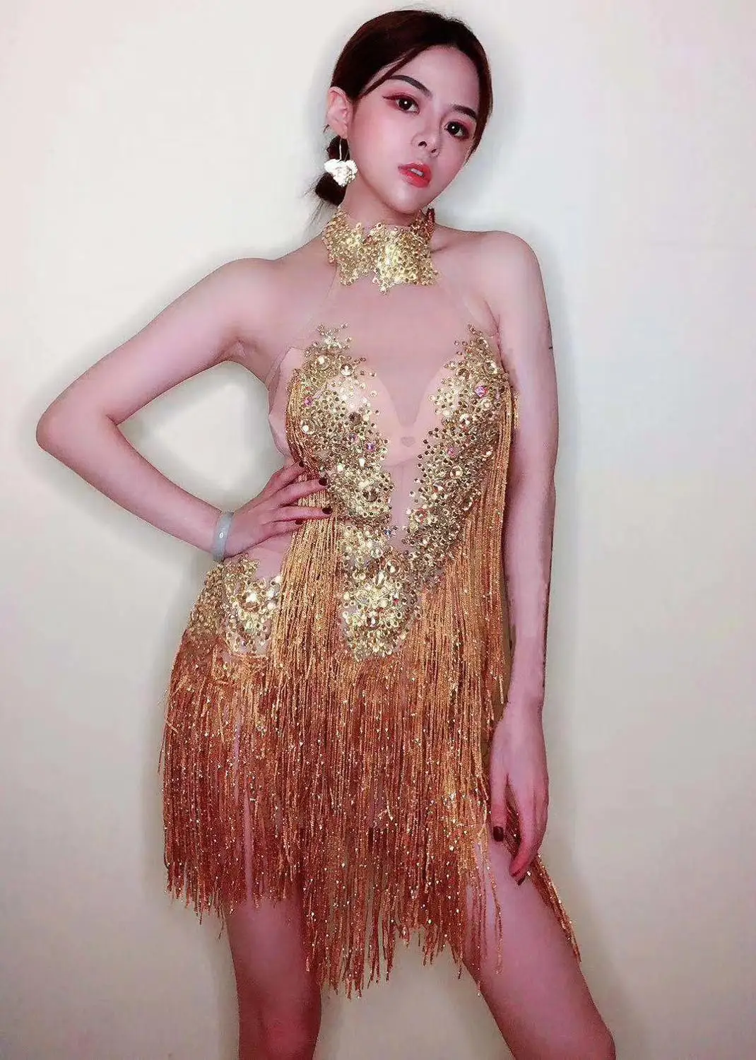 

2020 Women New Flashing Gold Rhinestones Tassel See Through Sexy Dress Birthday Celebrate Mesh Outfit Singer Bar DS Stage Dress