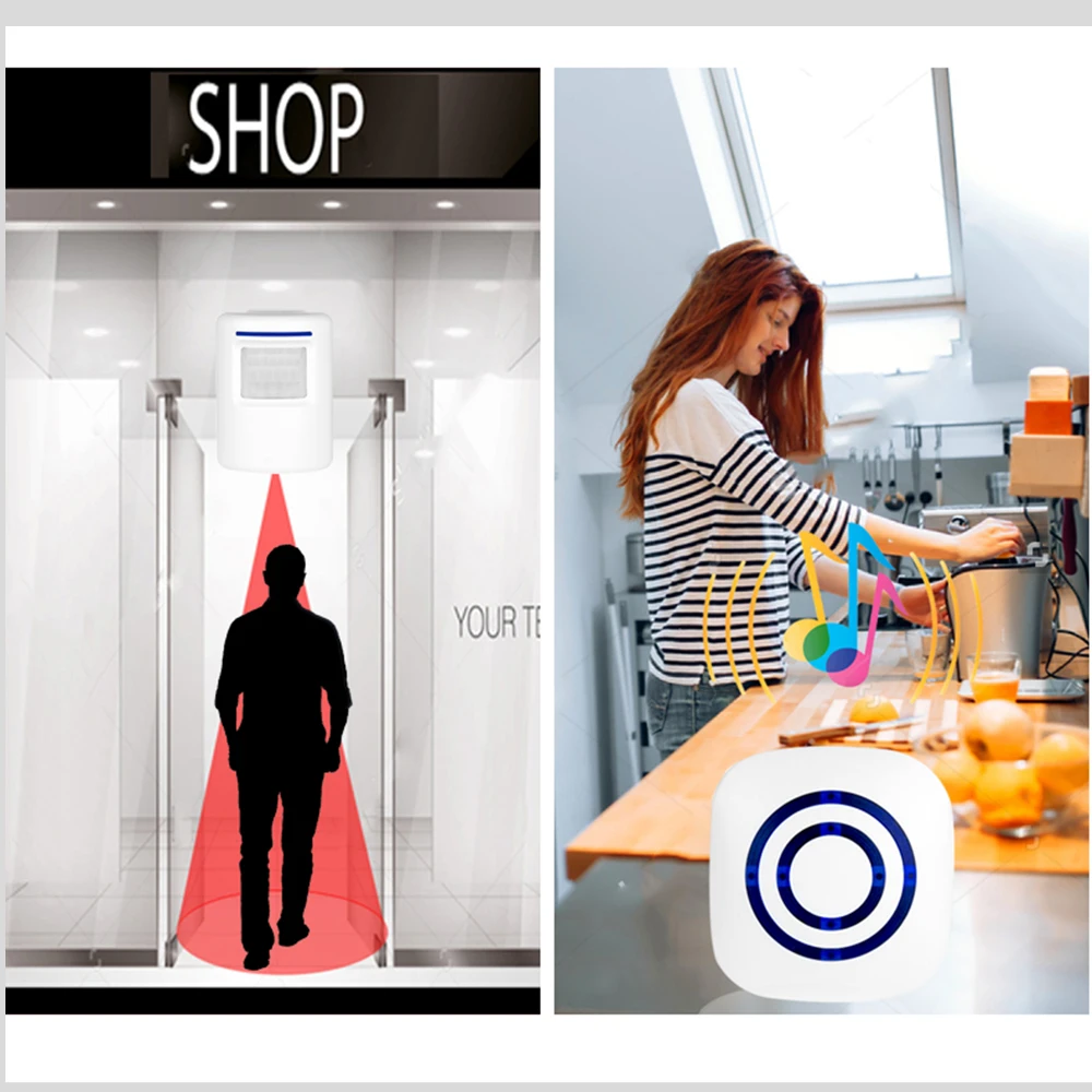 

Motion Sensor Alarm Wireless Driveway Alert Home Security System Human body induction doorbell 1 Sensor and 2 Receiver