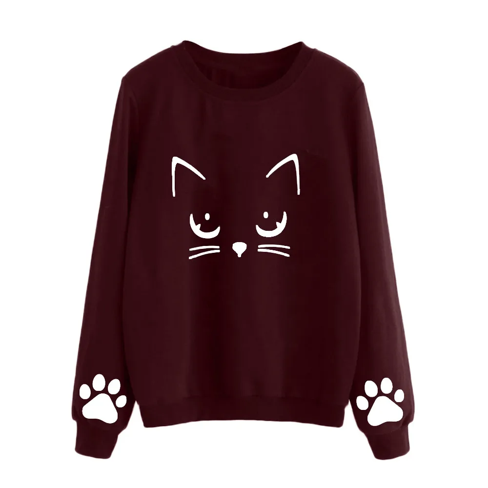 Женская футболка Харадзюку каваи милый кот длинный рукав Топы размер для Леди Девушка Топ Футболка женская длинный рукав Студенческая одежда - Цвет: Red