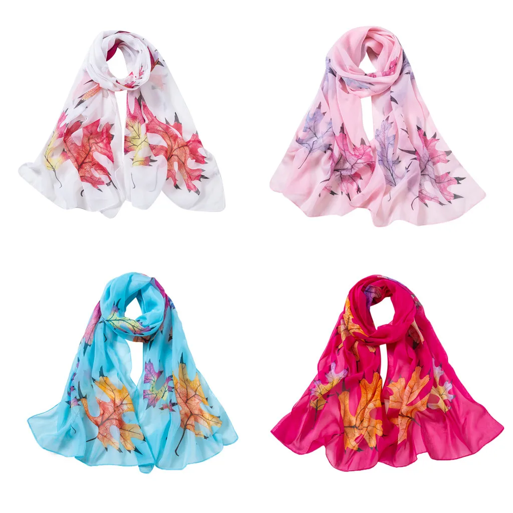 

2019 Fashion Summer Satin Scarf For Ladies Beautiful Fashion Women Maple Leaf Printing Long Soft Wrap Scarf Ladies Shawl Scarves