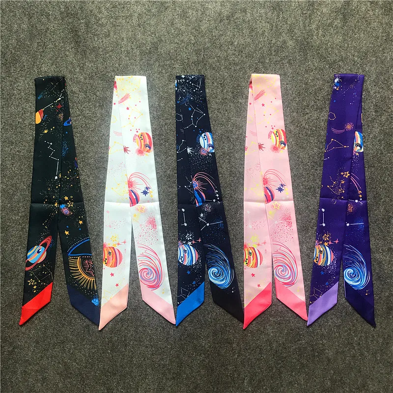 Classic 3D Print Planet Silk Scarf Women Luxury Brand Scarf Bag Ribbons Fashion Head Scarf Small Long Skinny Scarves B035