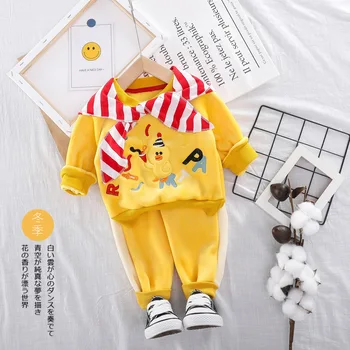 

Flannel Hooded Baby Set Cartoon Yellow Duck Hoodie+Pants 2 Piece Newborn Clothes Suit Autumn Winter Cotton Warm Boy Girl Outfit