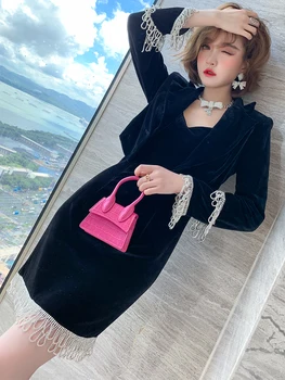 

Temperament lapel diamond tassel sleeve jacket + velvet suspender skirt two-piece women's 2020 autumn and winter new