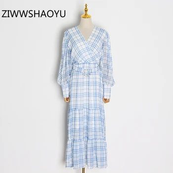 

ZIWWSHAOYU Fashion Female Spring Sexy V-Neck Plaid Print Office Dress Runway Designer Women Sashes Ruffles Hem Long Dresses