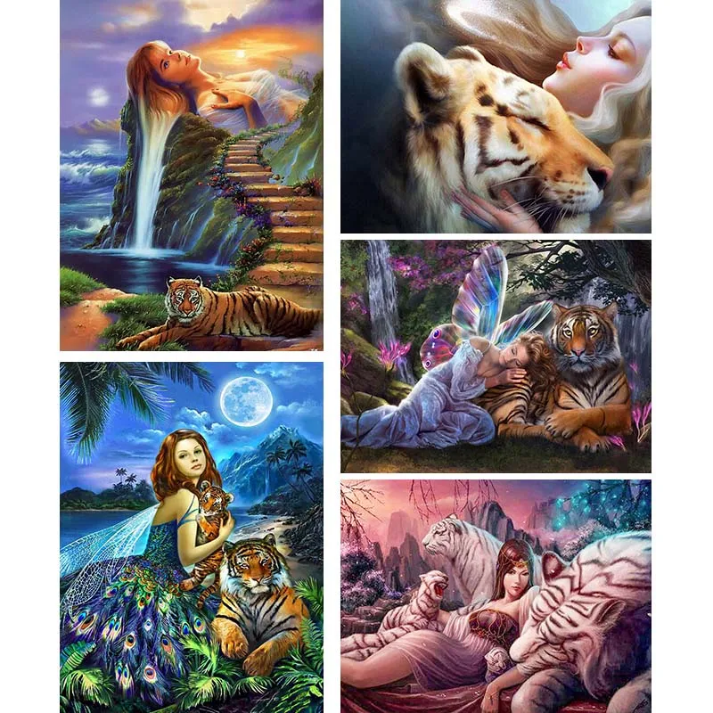 

Full Square 5d Diy Cartoon Diamond Painting Tiger Animal Diamond Embroidery Fairy Beast Abstract Rhinestone Home Decor Gift B70