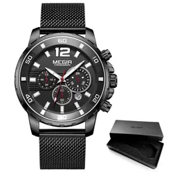 Luxury Military Sport Chronograph Waterproof Men's Wristwatch with Mesh Strap (Mesh - Black - Box)