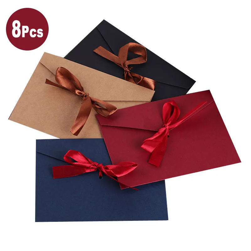 8Pcs Set Bowknot Kraft Paper Envelope Black Red Blue Vintage Retro Style For Office School Card Scrapbooking Gift 17.5x12.5CM 8pcs pack vintage kraft paper envelope airmail postcard cover greeting cards envelope for invitations stationery gift card