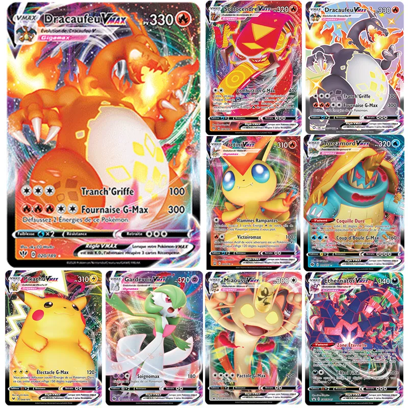 Juego de cartas coleccionables Pokemon VMAX, cartas francesas de Pokemon VMAX, Dracaufeu, Pikachu, Torgamord, Victini, Scolocendre, Morpeko, 100 Uds.