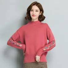 ^#Cheap Autumn Women Casual High Collar Pullover Sweaters Pink Green Yellow White Flower Embroidery Sleeve Off Shoulder Knitwear Woman ^#Cheap Autumn Women Casual High Collar Pullover Sweaters Pink Green Yellow White Flower Embroidery Sleeve Off Shoulder Knitwear Woman