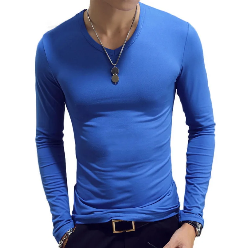 Мужские футболки с длинным рукавом и круглым вырезом, повседневная Осенняя футболка для фитнеса, бега, одноцветная футболка, модная футболка, базовая футболка для бега, мужская верхняя одежда, 7 цветов - Цвет: V Neck Light Blue