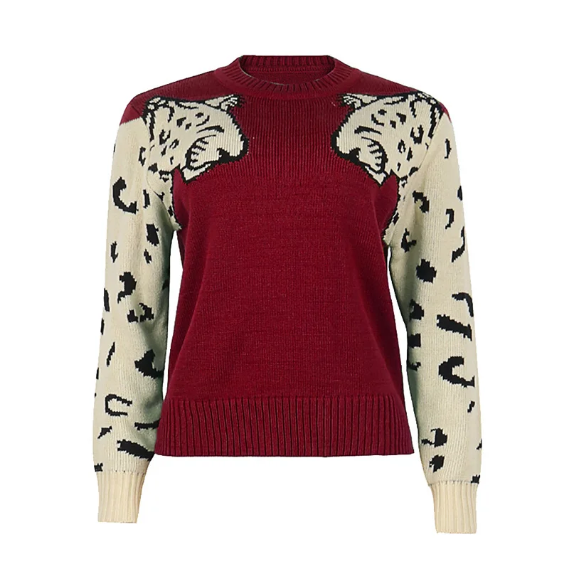 Женский свитер Зима теплый вязаный пуловер корейский длинный рукав шерсть Туника свободный свитер с леопардовой раскраской сексуальный зеленый свитер пуловер - Цвет: Wine red